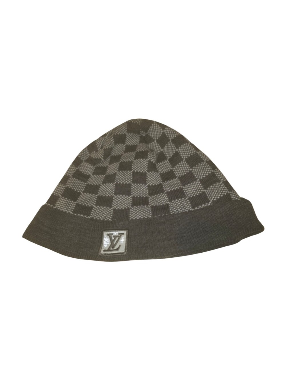 Louis Vuitton Gray Checker Knit Beanie with Logo Patch - Picture 1 of 2